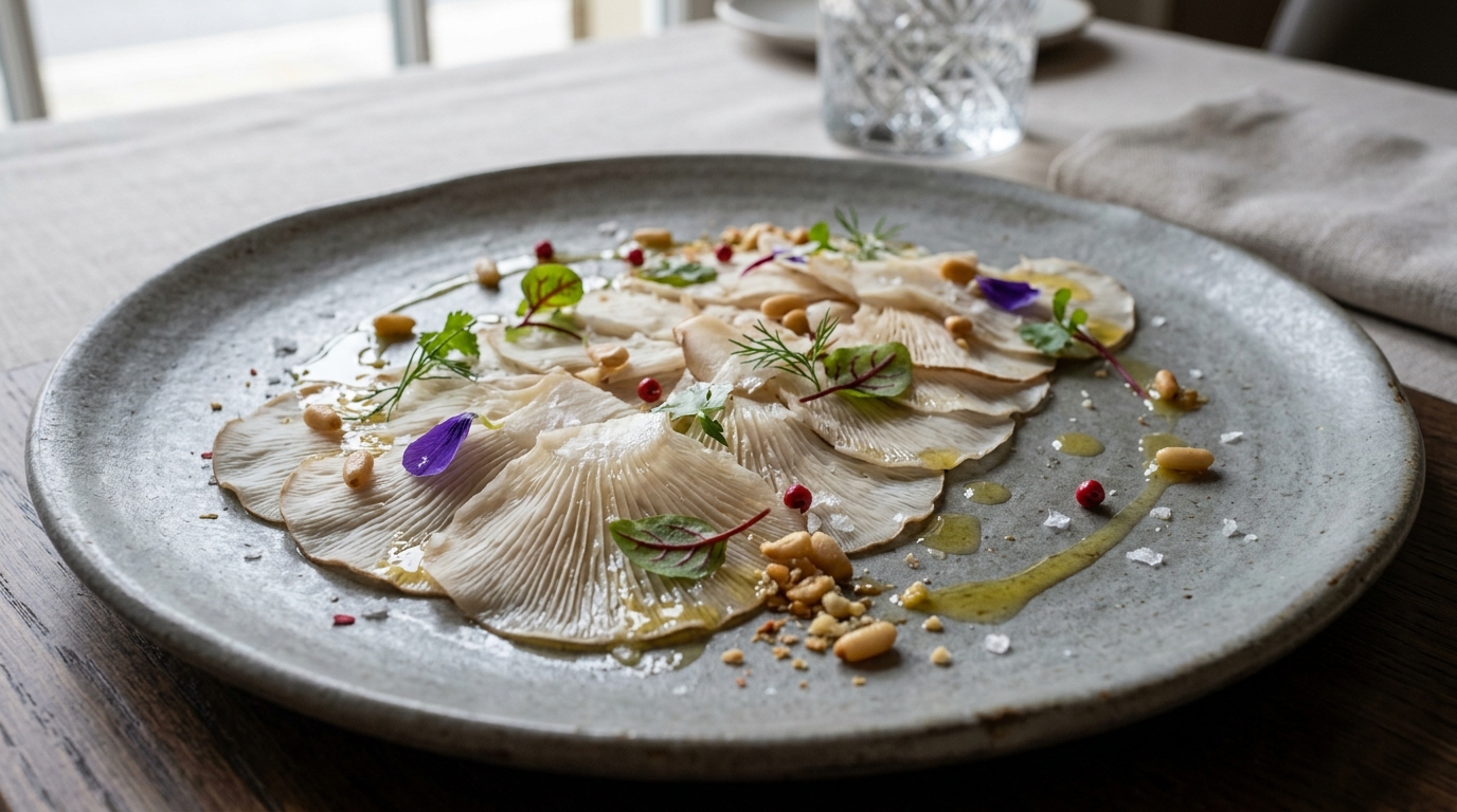 Carpaccio de Pleurotus eryngii con Aceite de Piñones Tostados